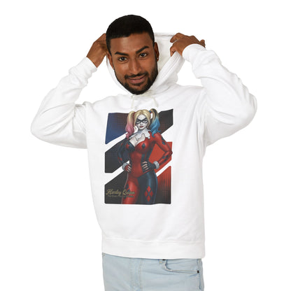 Harley Quinn Hoodie | DC Comics Hoodie | Anime Villain Girl Pullover model wearing white hoodie with bold Harley Quinn anime illustration