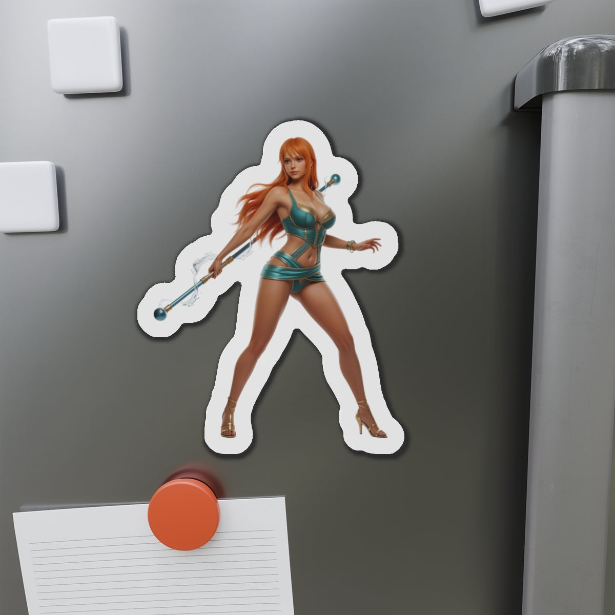 Nami Magnet – One Piece Anime Heroine Fridge Magnet, Pirate Decor vibrant die-cut vinyl fridge magnet showing confident Nami character in teal outfit