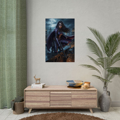 Huntress Poster, DC Comics Wall Art Print – Dark Hero Decor showcasing Huntress on rooftop in dark superhero room decor