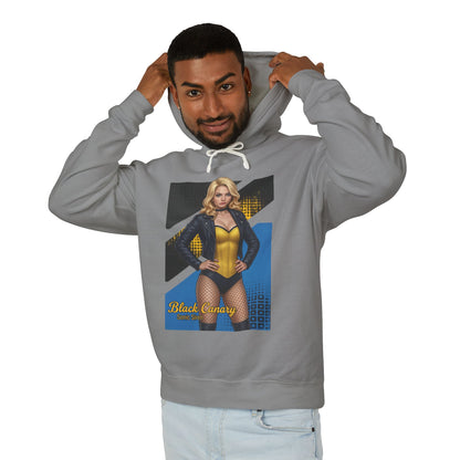 Black Canary Hoodie | DC Comics Hoodie | Anime Superheroine Pullover male model wearing gray pullover with anime-style Black Canary print