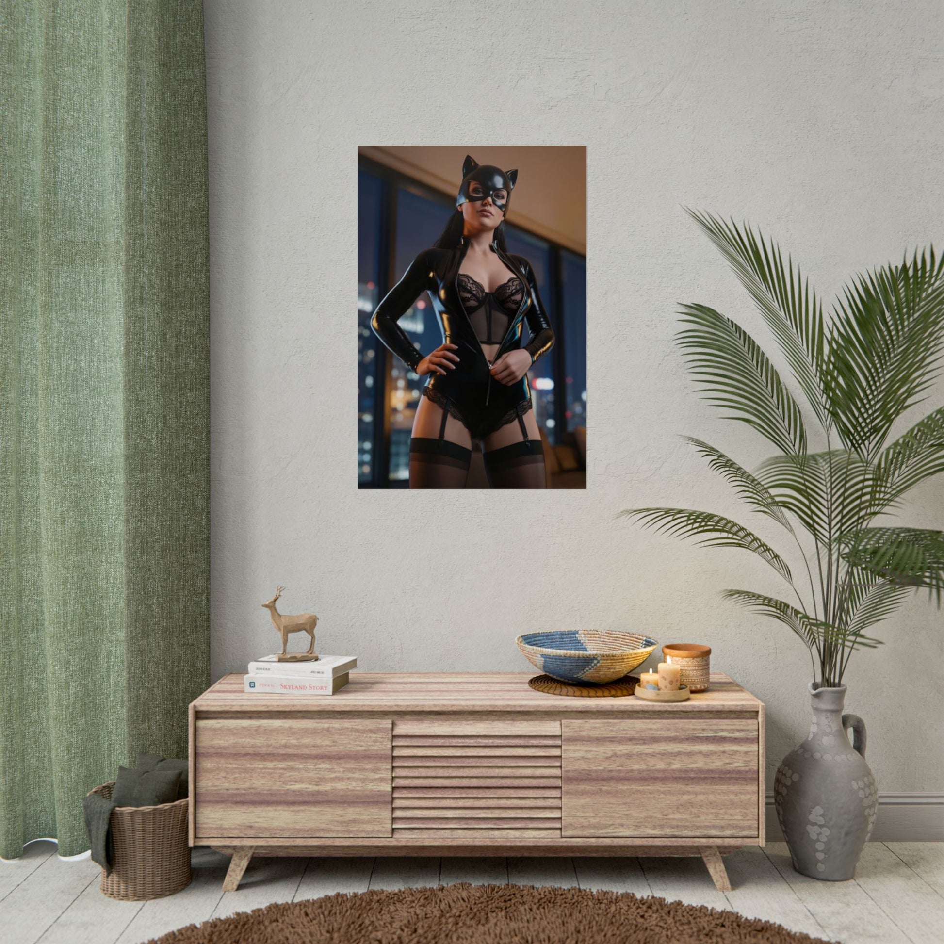 Catwoman Poster, DC Comics Art Print – Iconic Anti-Heroine Wall Art showcasing sleek Catwoman costume portrait in modern living room decor