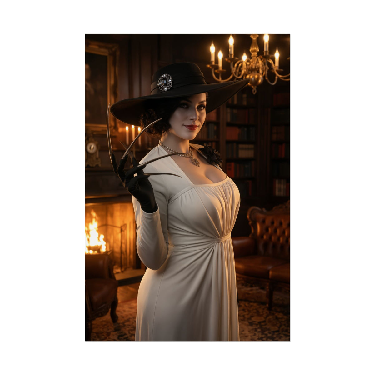 Lady Dimitrescu Poster, Resident Evil Art Print  Iconic Gothic Villainess showing elegant vampire noblewoman portrait in a gothic library with chandelier