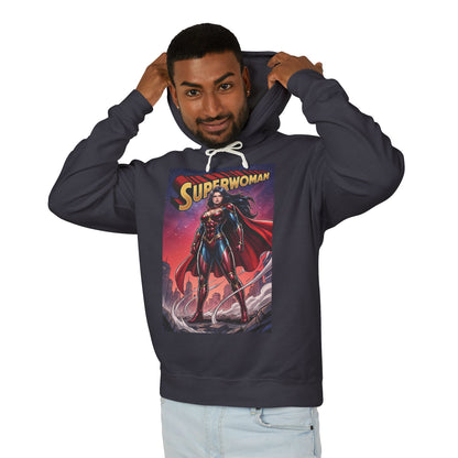 Superwoman Hoodie | DC Superhero Hoodie | Power Unleashed Pullover - charcoal pullover with bold Superwoman comic art, lightweight 100% ring-spun cotton