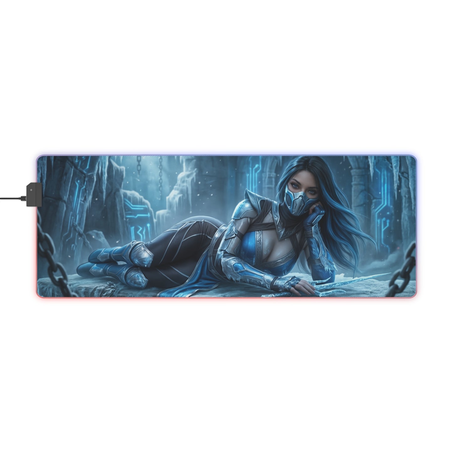 Frost Desk Mat – LED RGB Pad, Waifu Fighter Anime Girl Setup showing icy armored waifu reclining in a cyber-frost battlefield, RGB edge glow