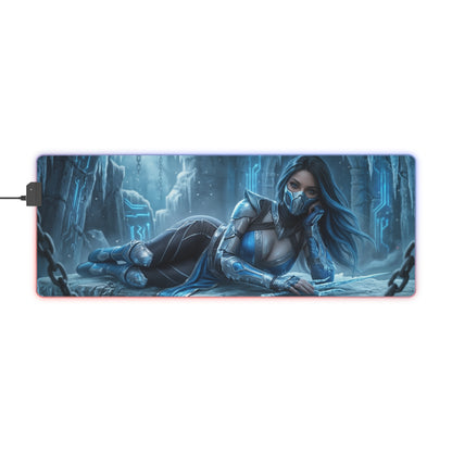Frost Desk Mat – LED RGB Pad, Waifu Fighter Anime Girl Setup showing icy armored waifu reclining in a cyber-frost battlefield, RGB edge glow