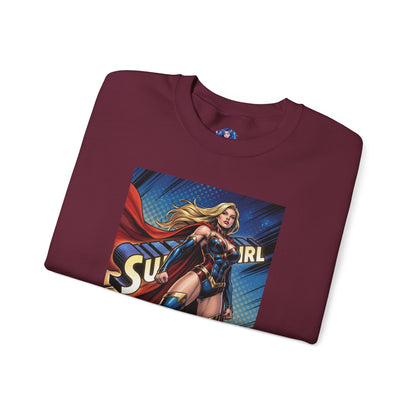 Supergirl Sweatshirt, DC Comics Crewneck, Iconic Superhero Fan Apparel - folded maroon crewneck featuring bold comic-style Supergirl graphic