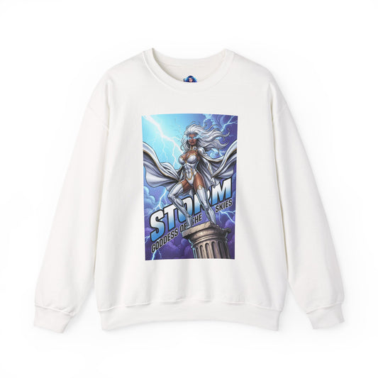 Storm Sweatshirt, Marvel Crewneck, Goddess of the Skies Fan Apparel - white crewneck with Storm artwork, lightning sky and powerful stance, premium fan apparel