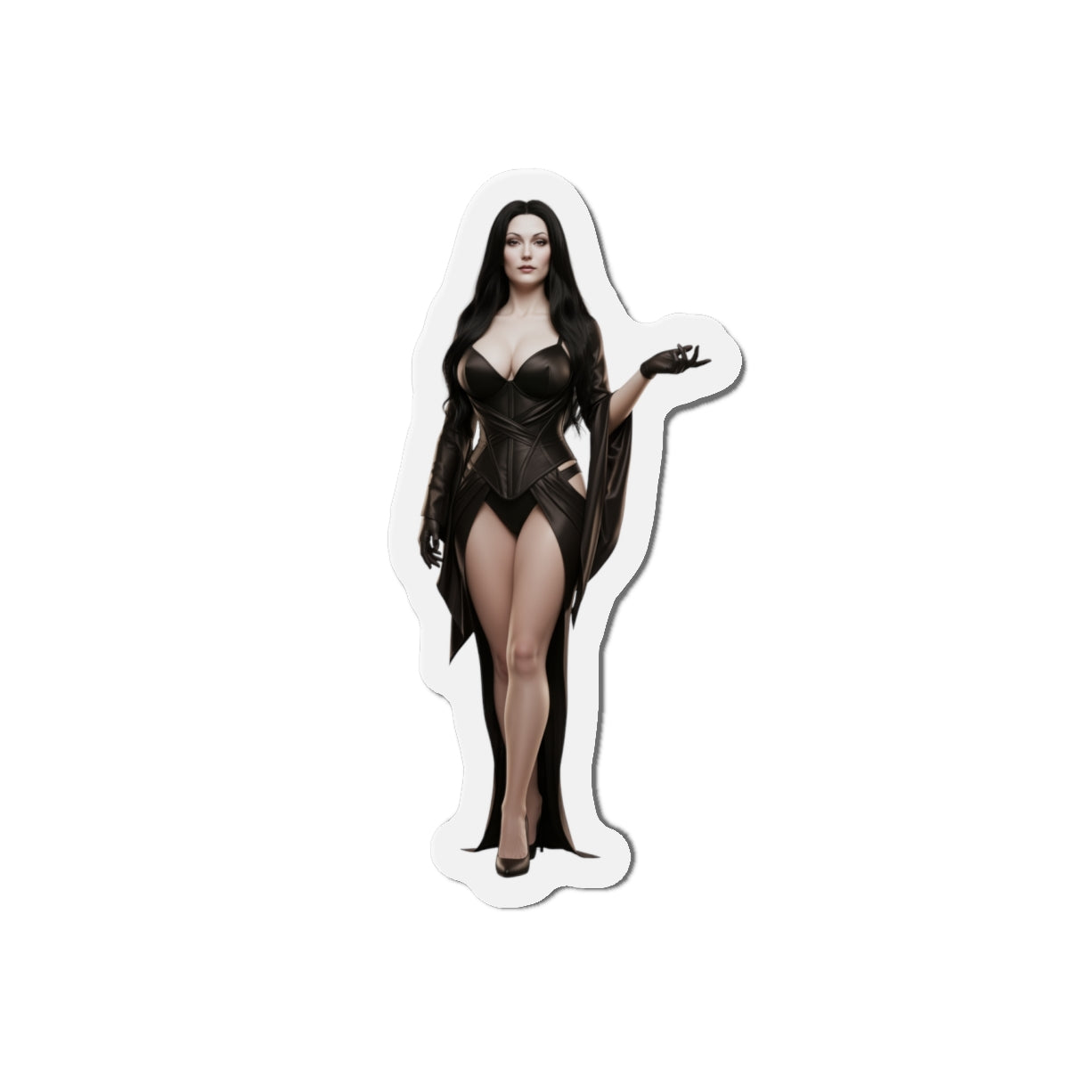 Morticia Addams Magnet – Gothic Icon Fridge Magnet, Anime Style Decor die-cut vinyl magnet showing Morticia in anime-style gothic dress