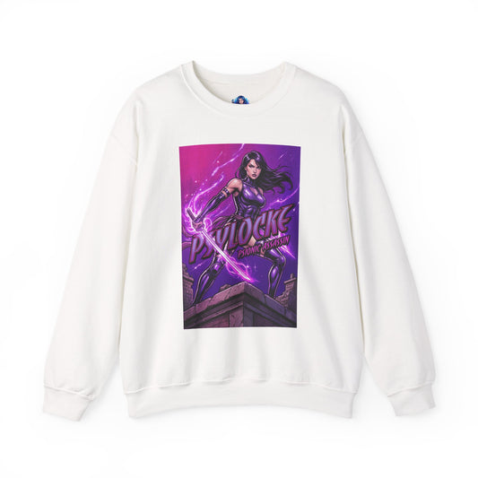 Psylocke Sweatshirt, Marvel Crewneck, Psionic Assassin Fan Apparel featuring purple-armored Psylocke with glowing psychic blade on white crewneck