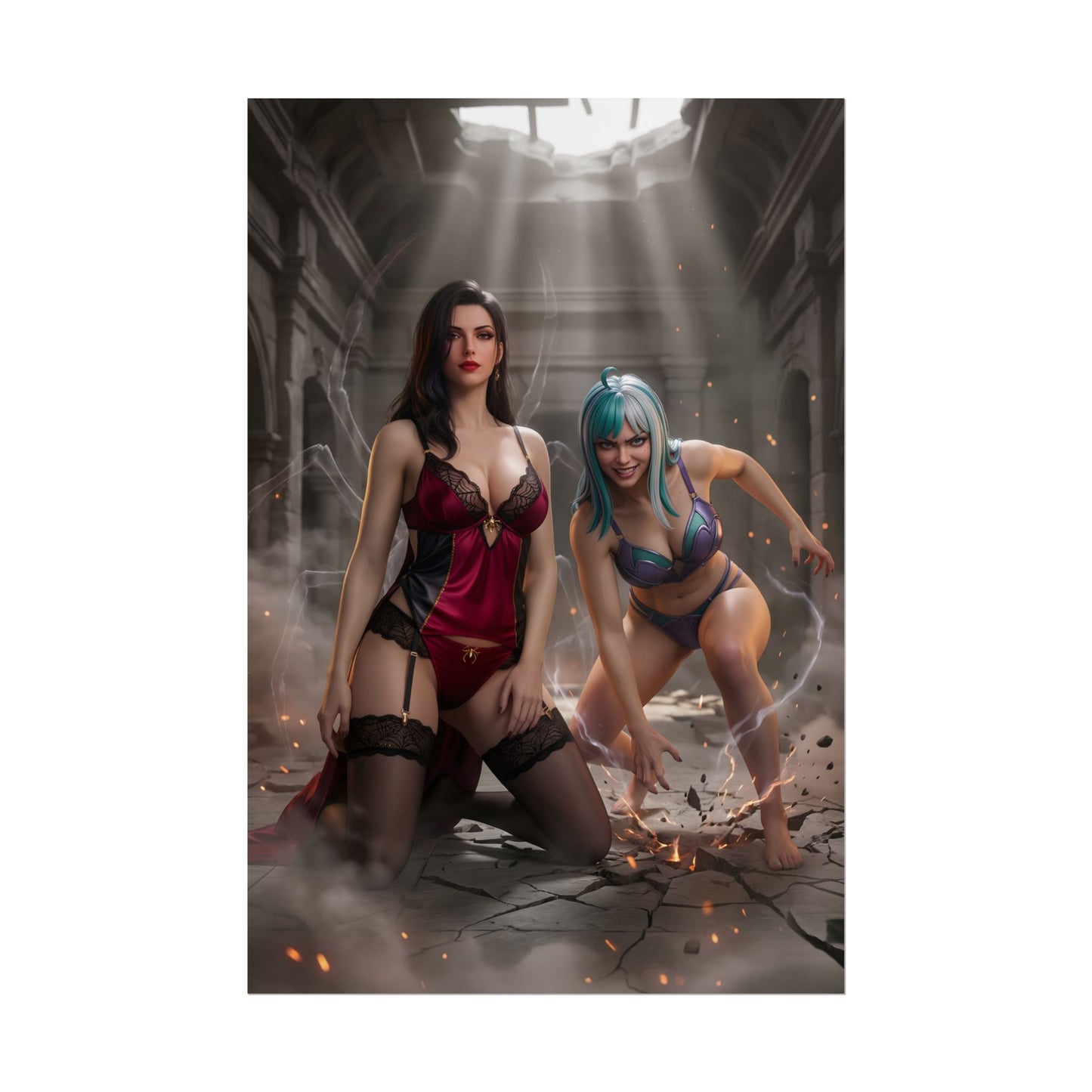 Black Maria & Ulti Poster / Black Maria & Ulti Wall Art / Black Maria & Ulti Art Print / One Piece Poster - dramatic duo in ruined hall, bold poses and high-impact contrast