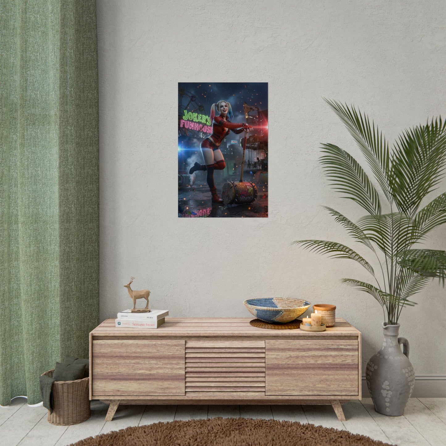 Harley Quinn Poster, DC Art Print – Iconic Comic Anti-Heroine Wall Art framed on bedroom wall with vibrant colors and semi-gloss detail