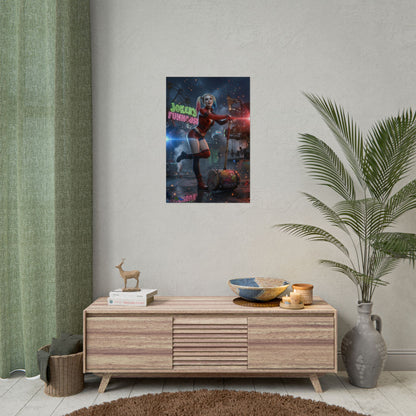Harley Quinn Poster, DC Art Print – Iconic Comic Anti-Heroine Wall Art framed on bedroom wall with vibrant colors and semi-gloss detail