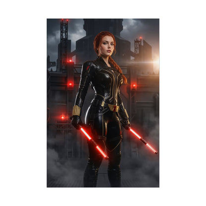 Black Widow Poster, Marvel Art Print – Iconic Spy Heroine Wall Art featuring Black Widow in black tactical suit holding red batons against industrial city backdrop
