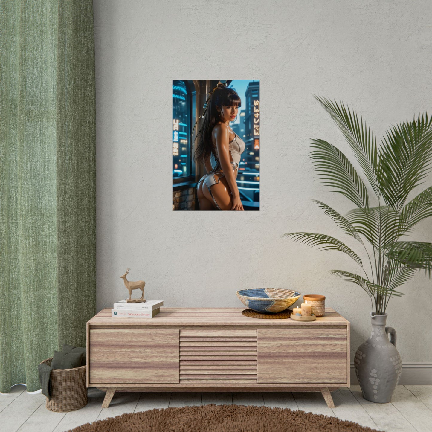 EVE Stellar Blade Poster – Futuristic Heroine Wall Art for Gaming Room Decor hanging in modern gaming room with neon sci-fi heroine print