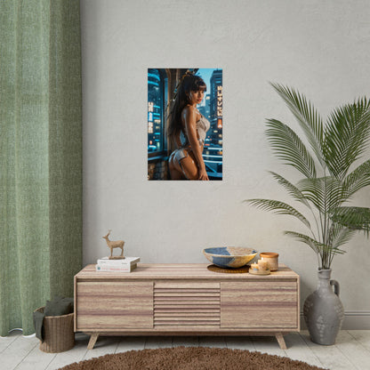 EVE Stellar Blade Poster – Futuristic Heroine Wall Art for Gaming Room Decor hanging in modern gaming room with neon sci-fi heroine print