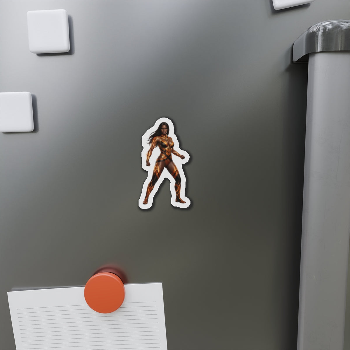 Vixen Magnet – DC Comic Heroine Fridge Magnet, Anime Style Decor showing die-cut anime-style Vixen vinyl magnet on a gray fridge