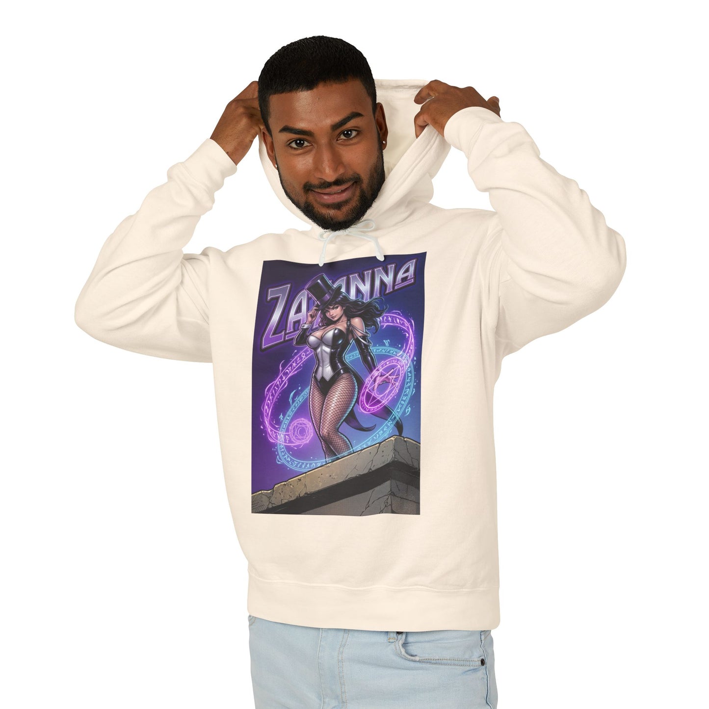 Zatanna Hoodie | DC Magic Hero Hoodie | Master Illusionist Pullover - cream pullover with Zatanna stage-magician artwork, model wearing hood