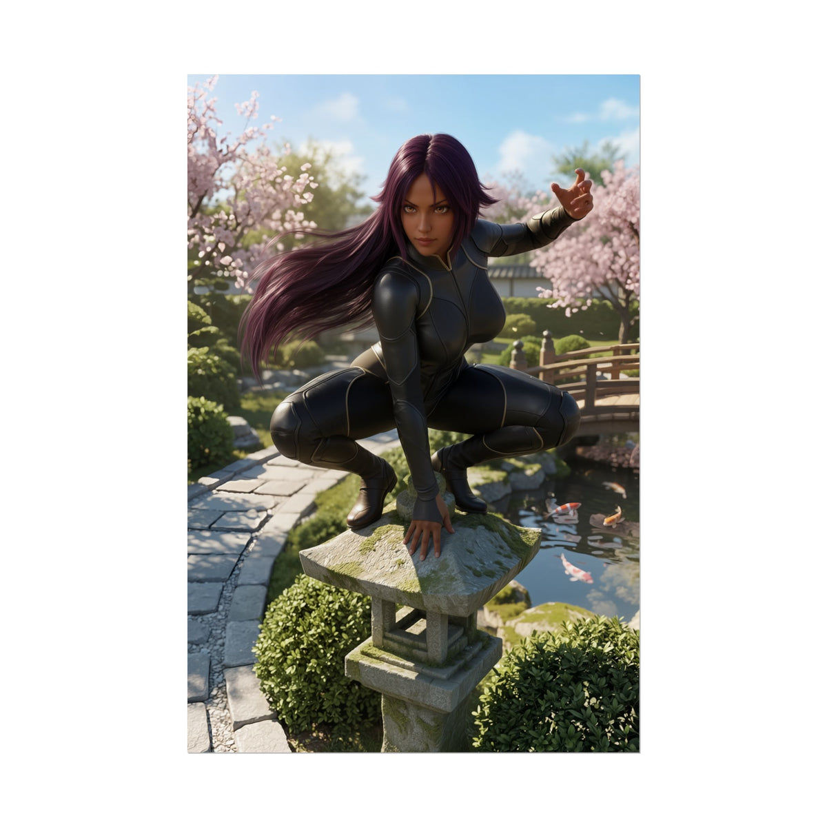 Yoruichi Shihouin Poster, Bleach Art Print  Anime Heroine Wall Art featuring Yoruichi in sleek black suit poised on stone lantern in tranquil cherry blossom garden