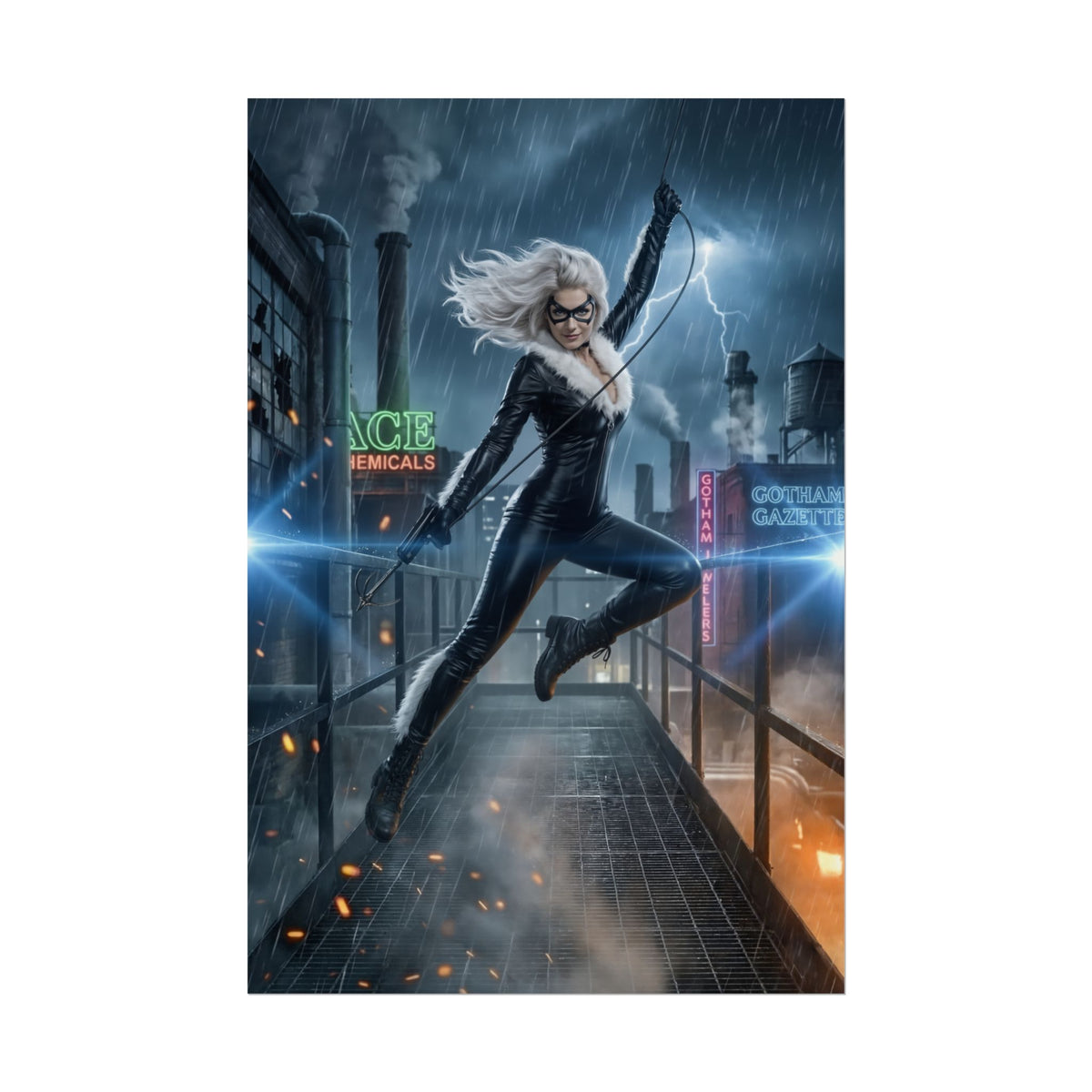 Black Cat Poster, Marvel Art Print  Iconic Comic Heroine Wall Decor featuring dynamic rainy rooftop pose in high-resolution art print