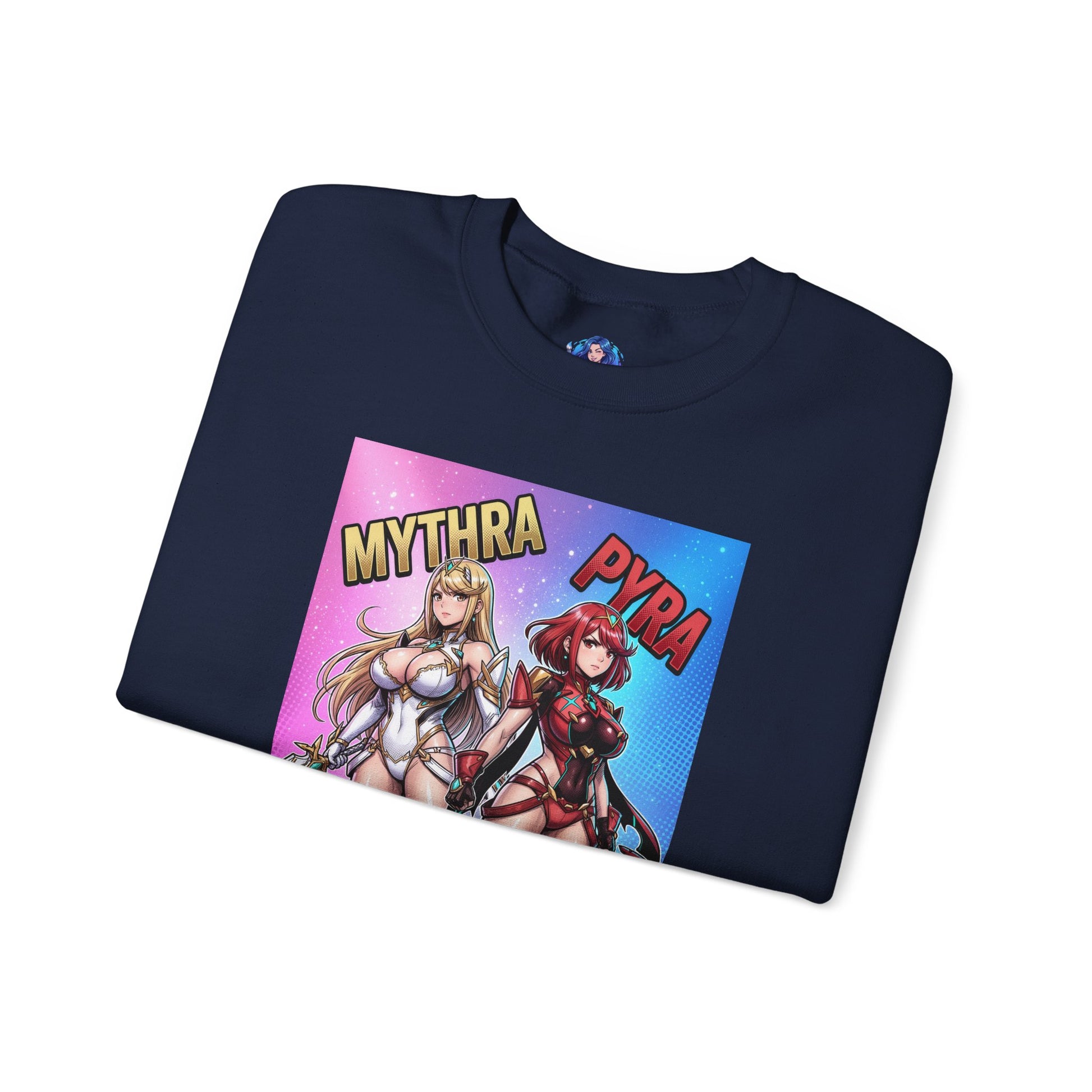 Mythra and Pyra Sweatshirt, Fantasy RPG Crewneck, Anime-Inspired Fan Apparel - navy crewneck with vibrant Mythra and Pyra artwork