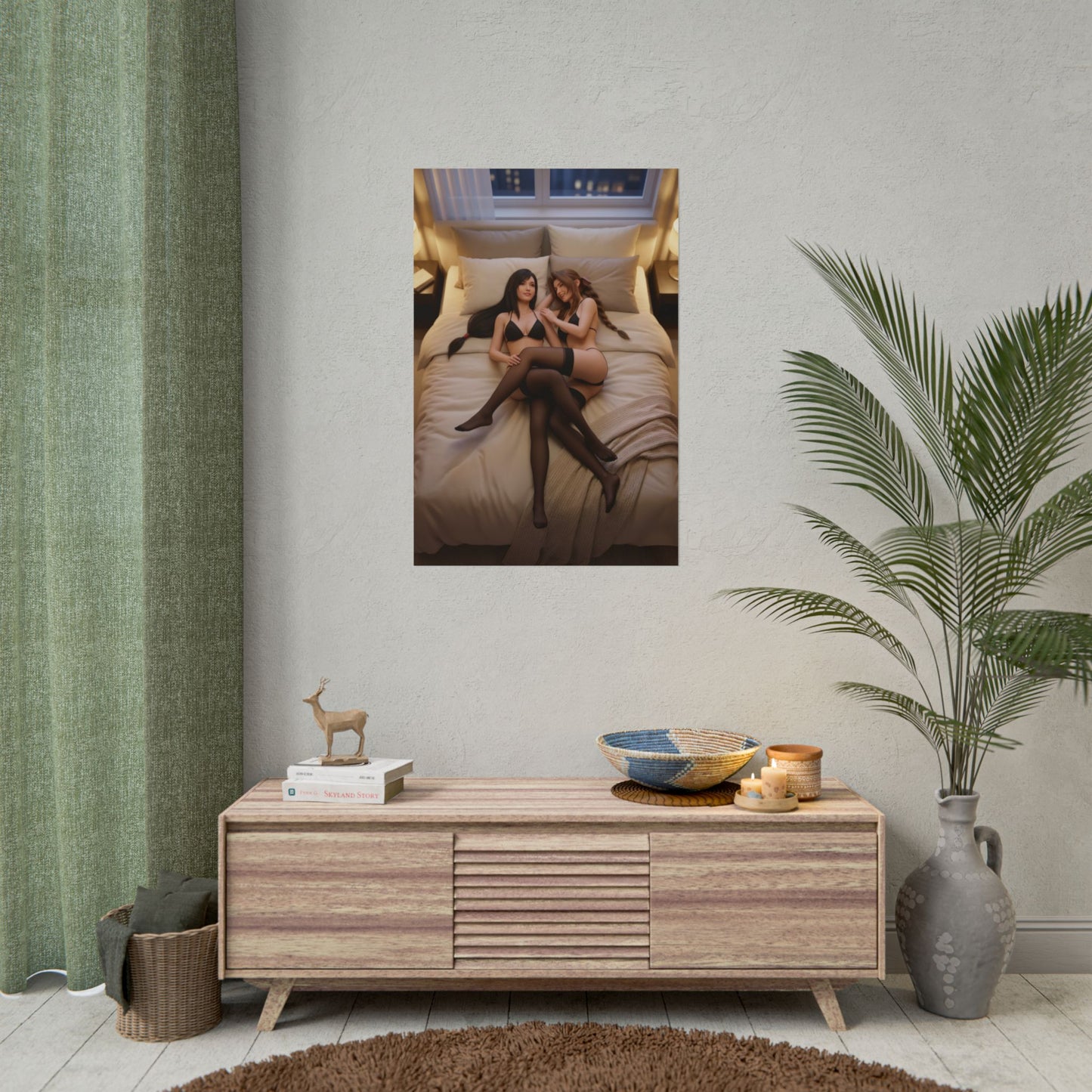 Tifa Aerith Poster, Final Fantasy Art Print – Iconic JRPG Duo Wall Decor showing two female heroes reclining on bed, gamer room wall art