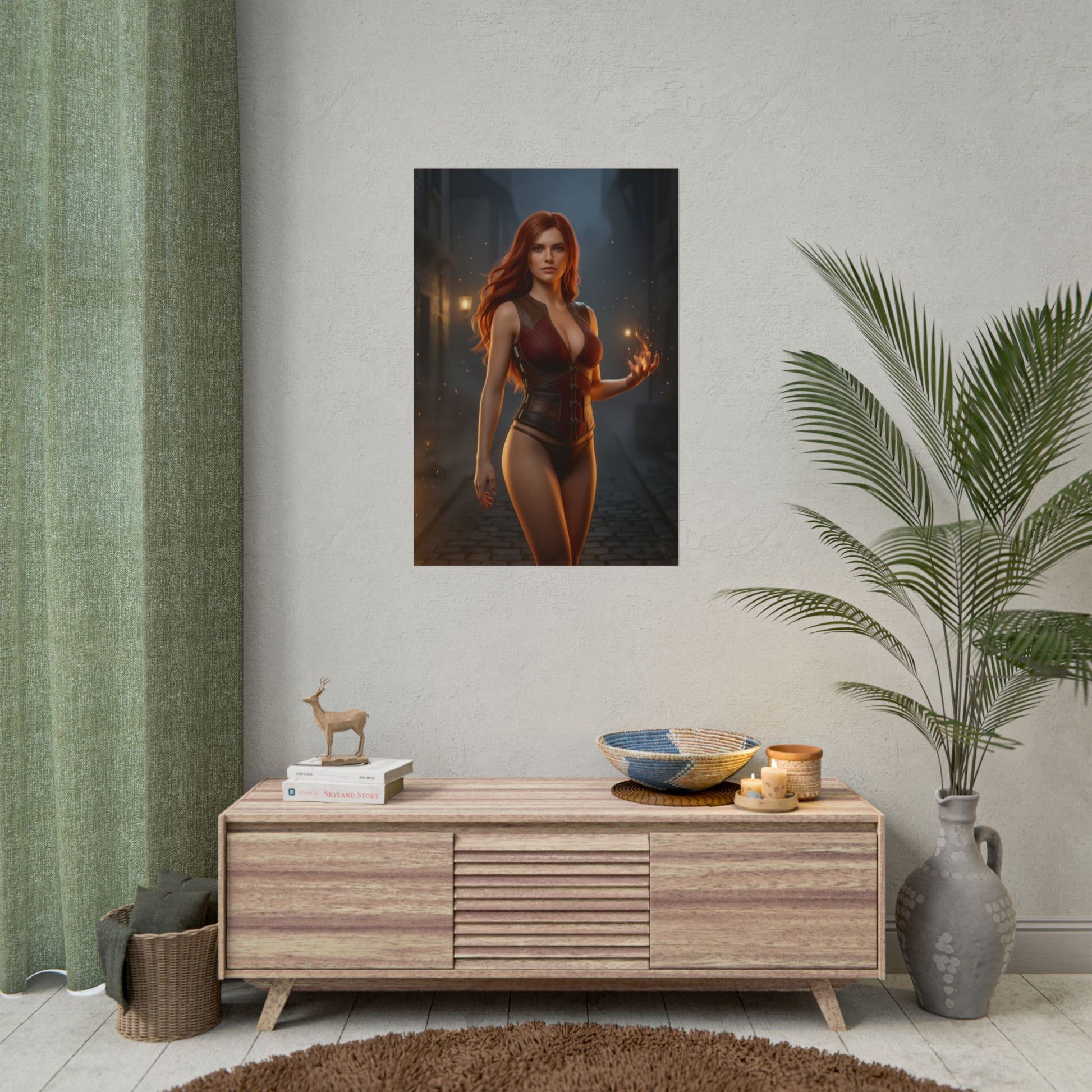 Triss Merigold Poster Witcher Wall Art Print Fantasy Room Decor featuring sorceress in dark medieval street with warm fire glow
