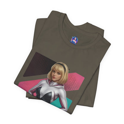 Spider-Gwen T-Shirt | Marvel Anime Tee for Gamers & Superhero Fans laid flat on Bella Canvas 3001 with anime-style Spider-Gwen graphic