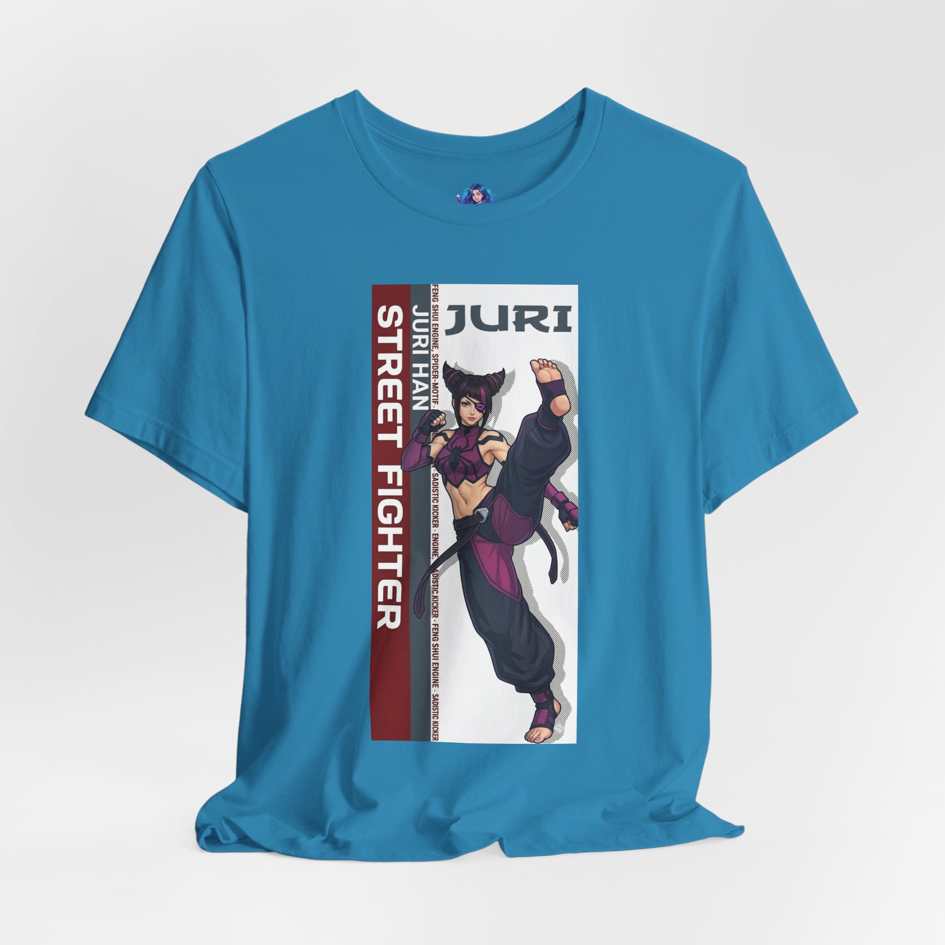Juri Han T-Shirt | Street Fighter Anime Tee for Gamers & Fighting Game Fans - blue Bella Canvas tee with Juri kicking artwork