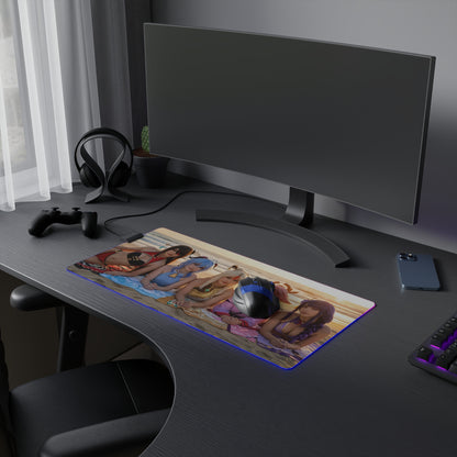 Genshin Impact Girls Desk Mat – LED RGB Pad, Waifu Anime Girl Setup featuring colorful anime heroines on a large RGB desk mat