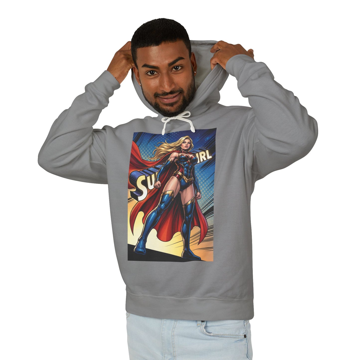 Supergirl Hoodie | DC Superhero Hoodie | Girl of Steel Pullover — gray pullover with bold comic Supergirl print worn by smiling model