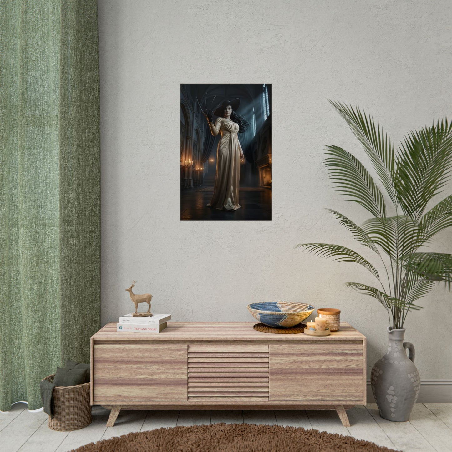 Lady Dimitrescu Poster Resident Evil Wall Art Print Gothic Castle Decor featuring full-body cinematic vampire noblewoman in grand castle hall