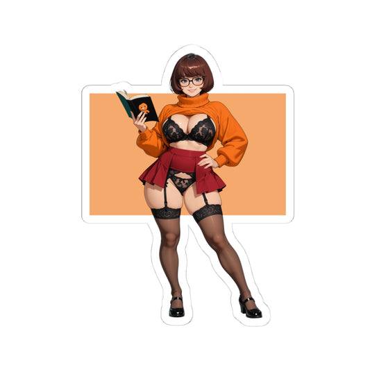 Velma Sticker – Smart Cartoon Girl Vinyl Sticker for Laptops & Indoor Decor, glossy vinyl pinup-style Velma in orange sweater and black lace lingerie