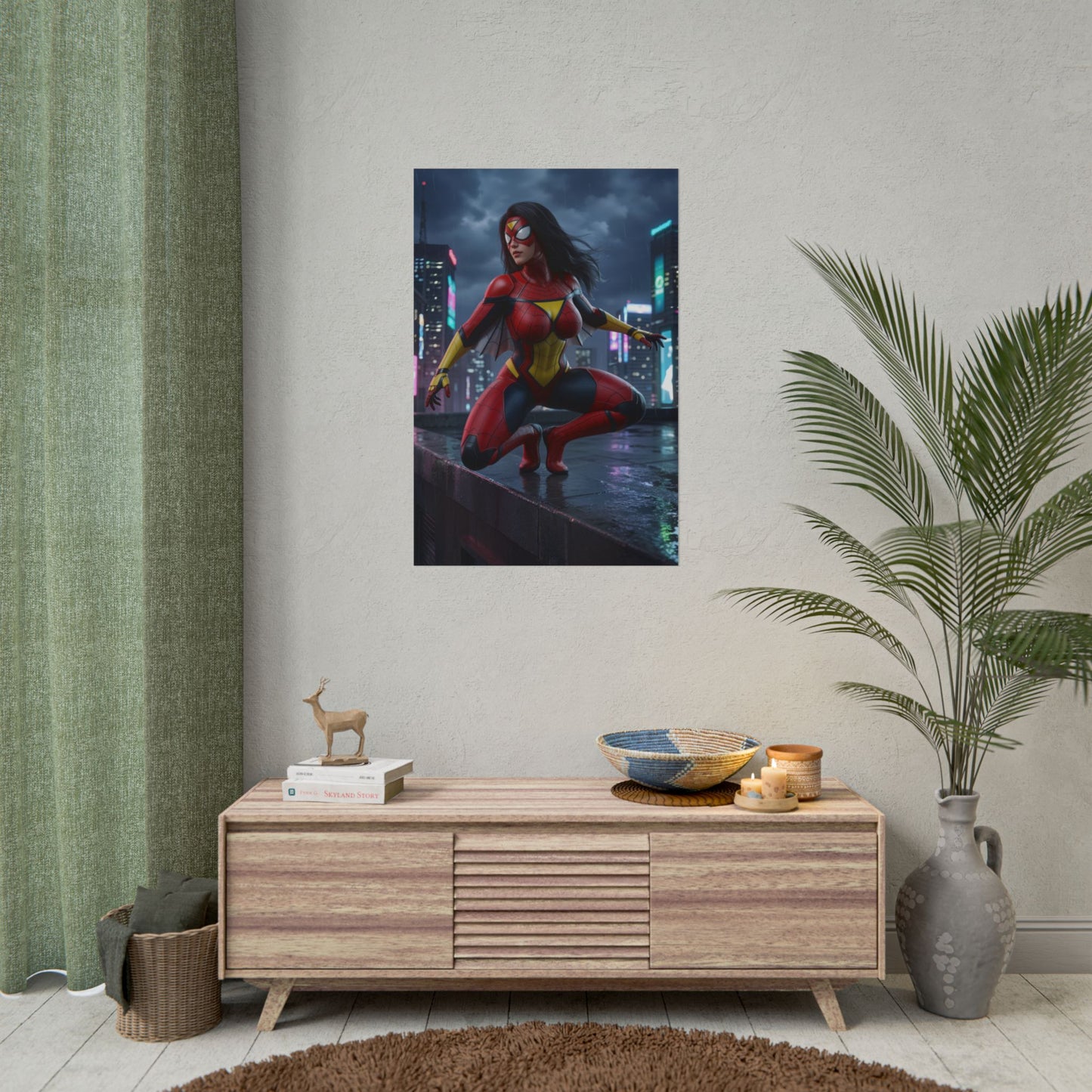Spider-Woman Poster, Marvel Art Print – Jessica Drew Wall Art hanging in modern gamer room over console