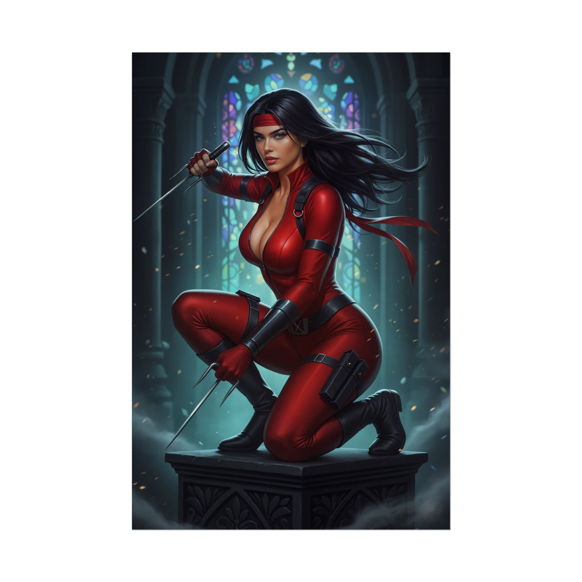 Elektra Marvel Poster  Iconic Assassin Heroine Wall Art for Gamer Decor, dynamic red-suited Elektra crouched with sais in gothic stained-glass setting
