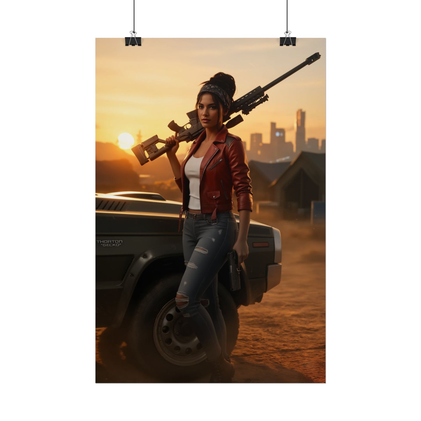 Panam Palmer Poster, Cyberpunk 2077 Art Print, Iconic Nomad Character - confident nomad with rifle at sunset gaming room wall art