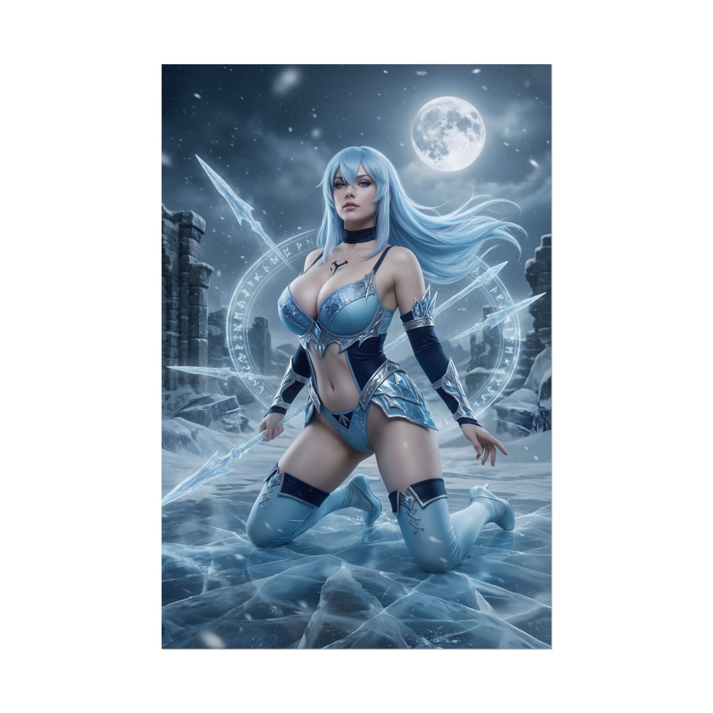 Esdeath Poster / Esdeath Wall Art / Esdeath Art Print / Akame ga Kill Poster - moonlit Esdeath on frozen battlefield with crystalline magic