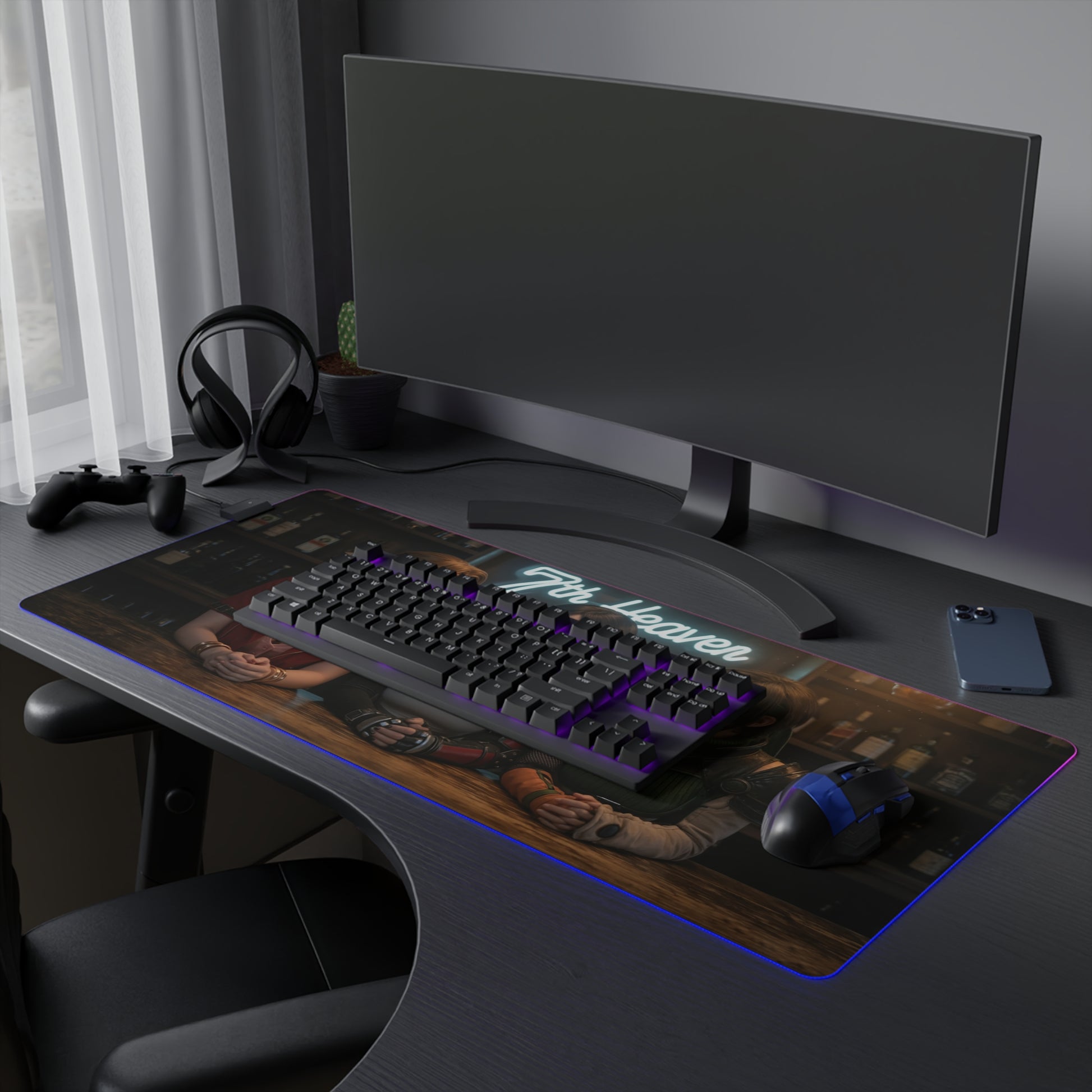 Tifa Lockhart, Aerith Gainsborough & Yuffie Kisaragi Desk Mat – LED RGB Pad showing trio desk mat with RGB lighting and precision-cloth surface