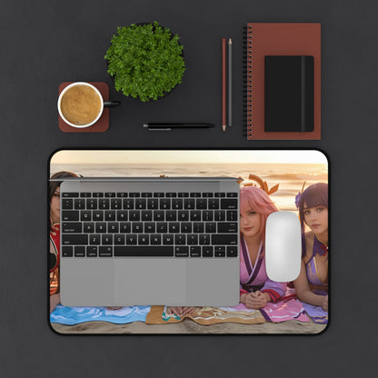 Genshin Impact Girls Gaming Mouse Pad, Anime RPG Desk Mat, Fantasy Heroine Setup showcasing colorful heroine artwork under laptop and mouse