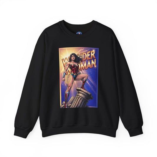 Wonder Woman Sweatshirt, DC Comics Character Art, Premium Fan Apparel black crewneck featuring Wonder Woman in red and gold heroic stance