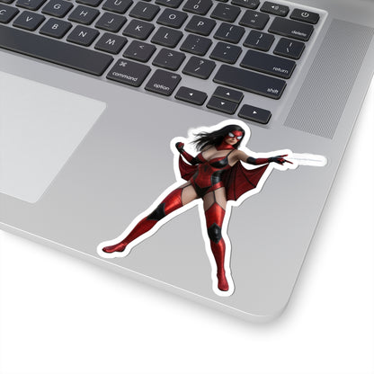 Spider Woman Sticker – Comic Heroine Vinyl Sticker for Laptops & Indoor Decor, glossy red comic-style laptop decal
