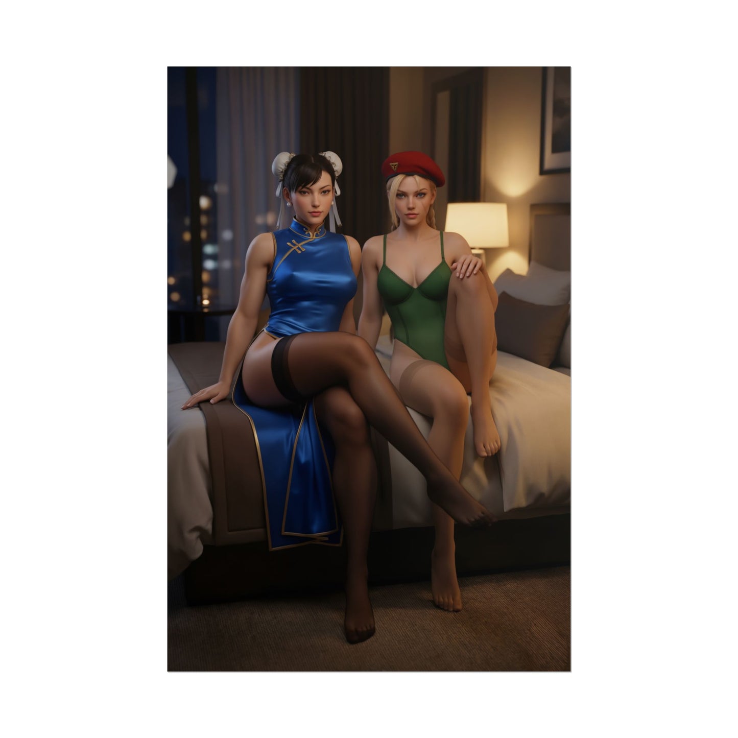 Chun-Li and Cammy White Poster, Street Fighter Art Print – Arcade Wall Art showing Chun-Li in blue qipao and Cammy in green leotard posed on a bed