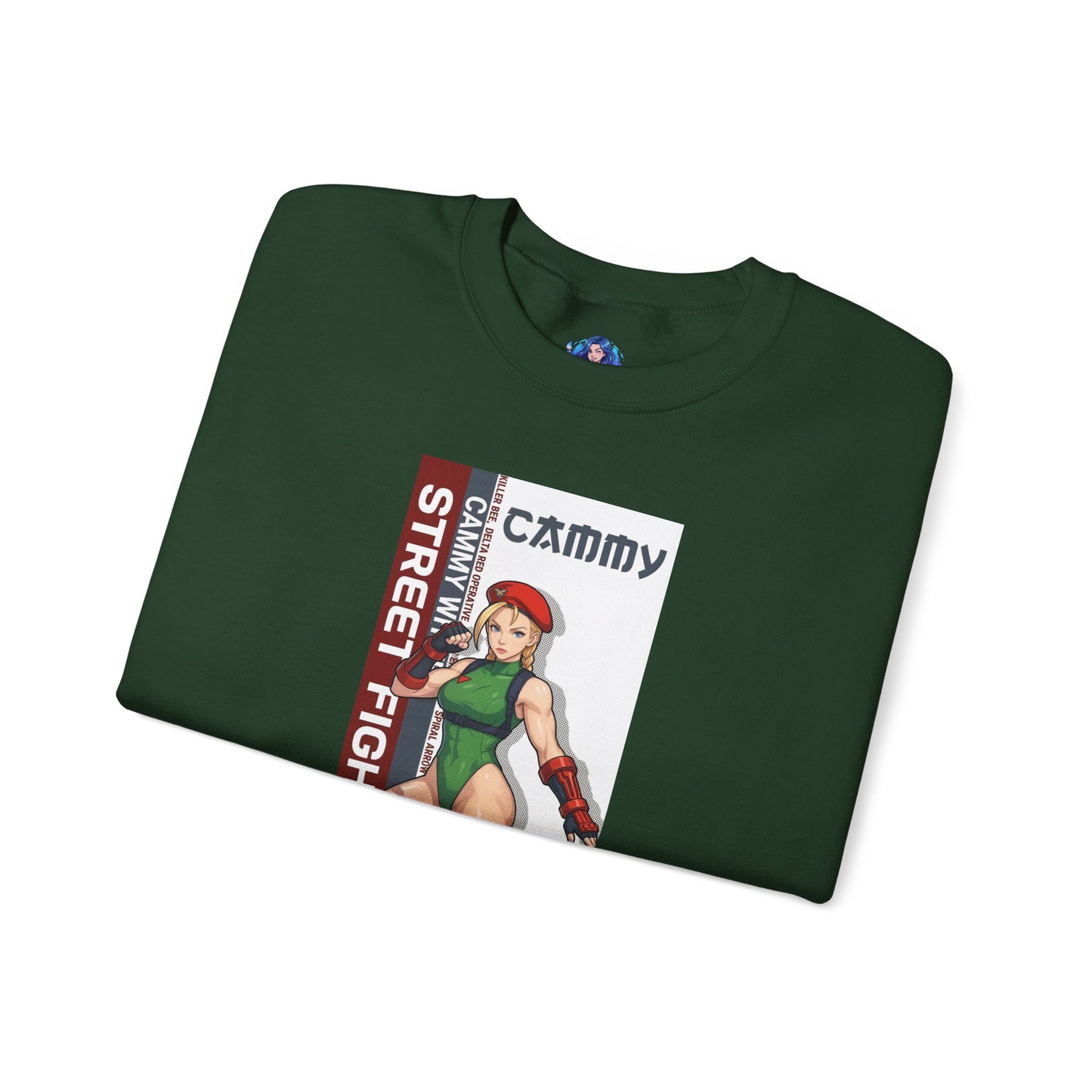 Cammy Sweatshirt, Street Fighter Crewneck, Classic Fighting Game Apparel for Fans - green crewneck with Cammy artwork