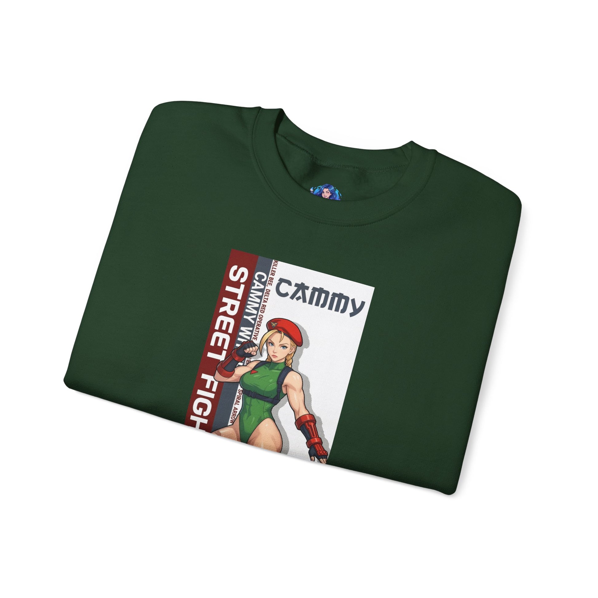 Cammy Sweatshirt, Street Fighter Crewneck, Classic Fighting Game Apparel for Fans - green crewneck with Cammy artwork