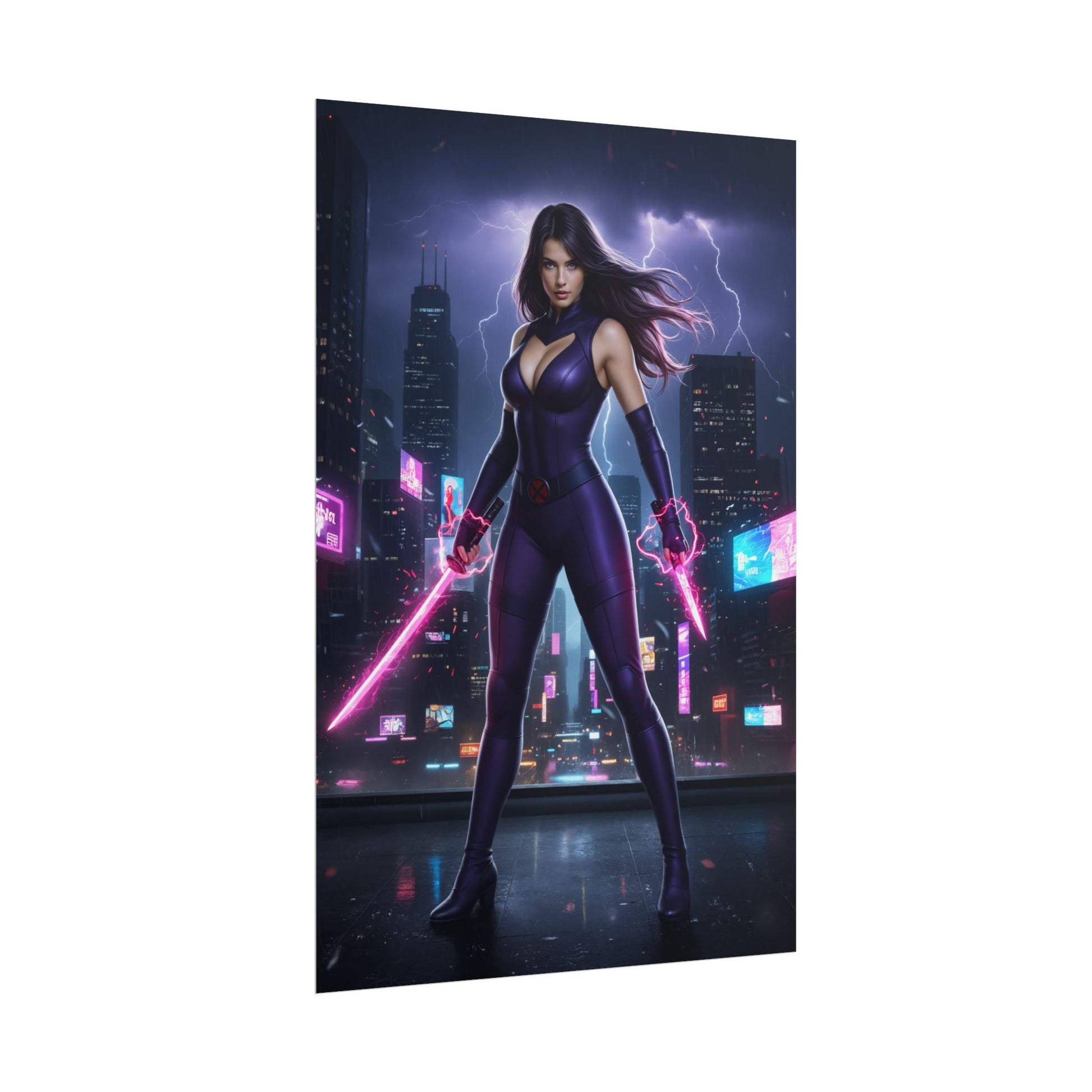 Psylocke Poster, Marvel X-Men Art Print, Iconic Telepath Ninja Hero – dramatic neon city art print of Psylocke with psychic blades, perfect for gaming or studio walls