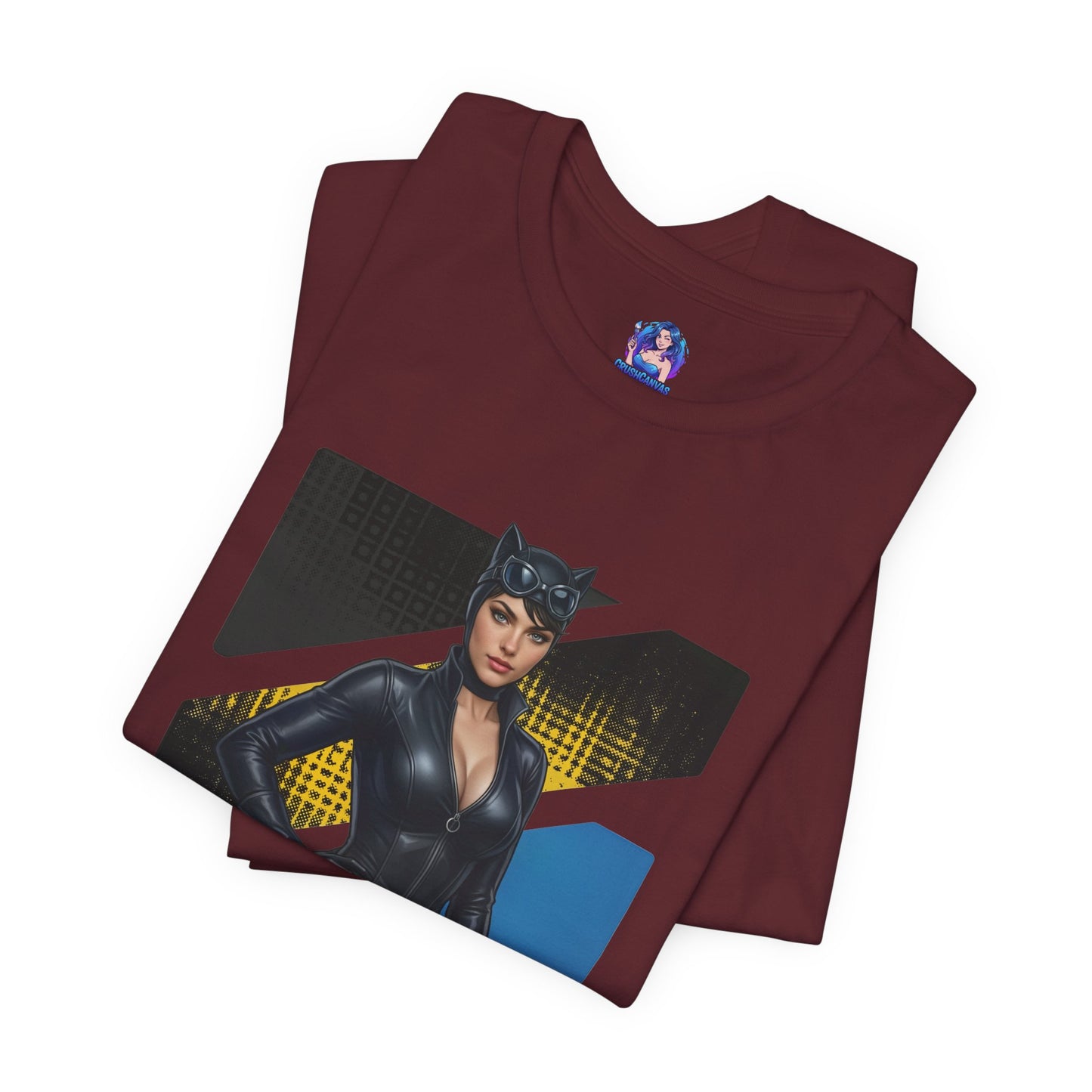 Catwoman T-Shirt | DC Comics Anime Tee for Gamers & Comic Fans – burgundy Bella Canvas tee with anime-style Catwoman illustration