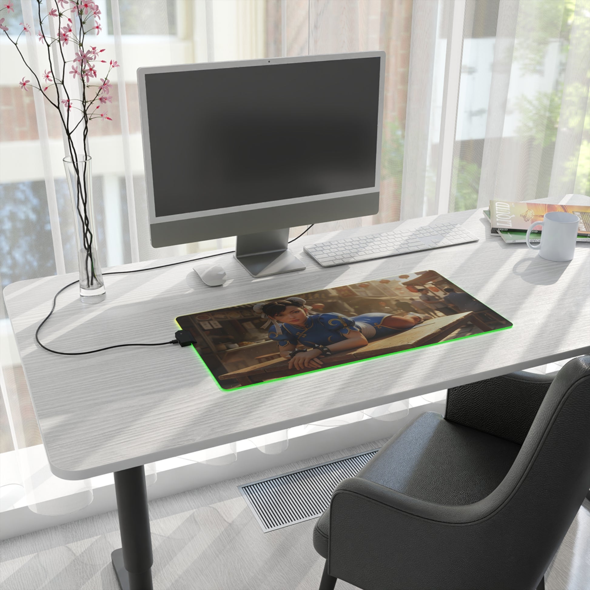 Chun-Li Desk Mat – LED RGB Pad, Waifu Fighter Anime Girl Setup on modern desk with green LED glow and precision-cloth surface