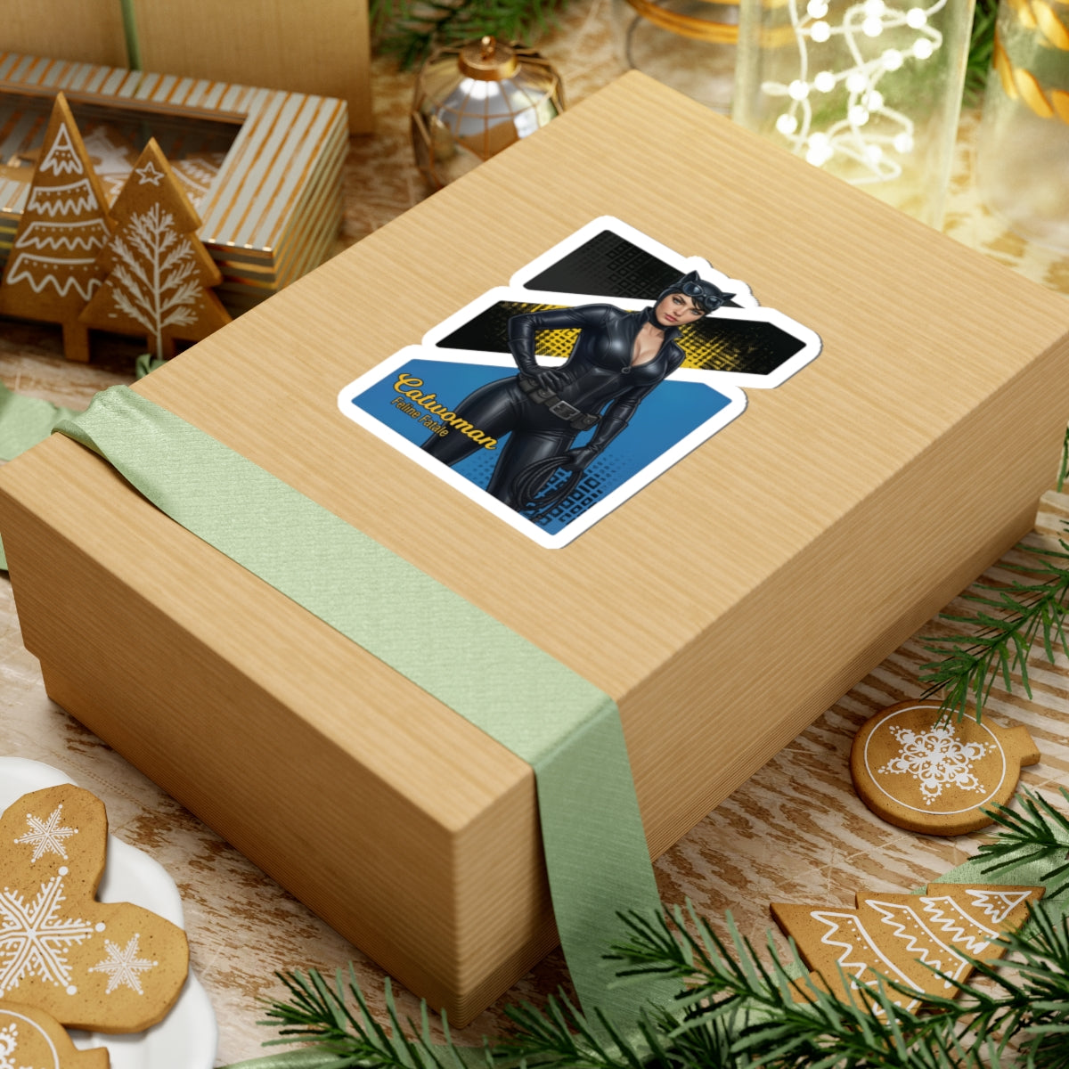 Catwoman Sticker – Comic Heroine Vinyl Sticker for Laptops & Indoor Decor on kraft gift box, glossy vinyl decal with vibrant colors and strong adhesive