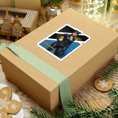 Catwoman Sticker – Comic Heroine Vinyl Sticker for Laptops & Indoor Decor on kraft gift box, glossy vinyl decal with vibrant colors and strong adhesive