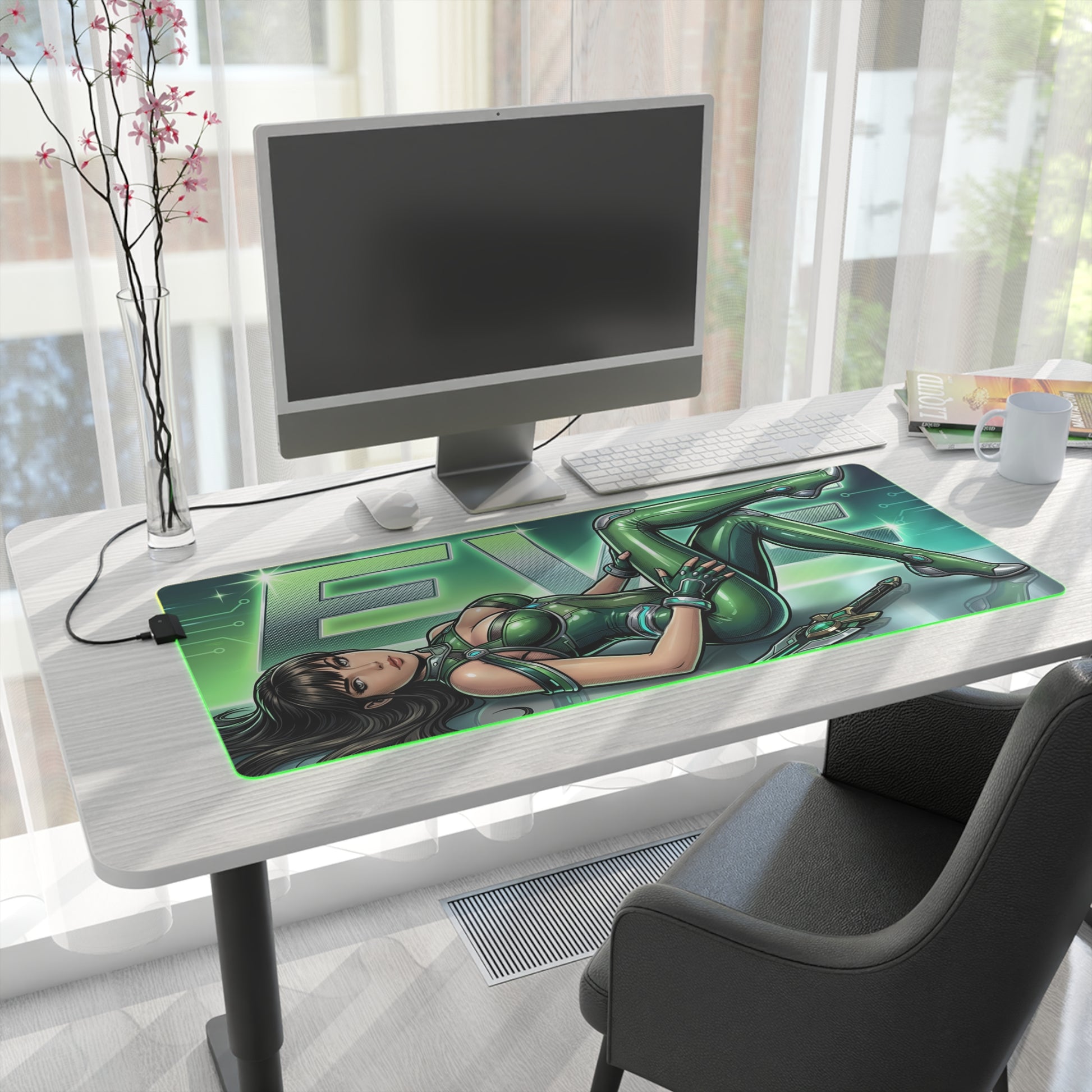 EVE RGB Desk Mat, Stellar Blade Gaming Mouse Pad, LED Desk Mat for Futuristic Setup - sci-fi character art on green RGB large gaming desk mat