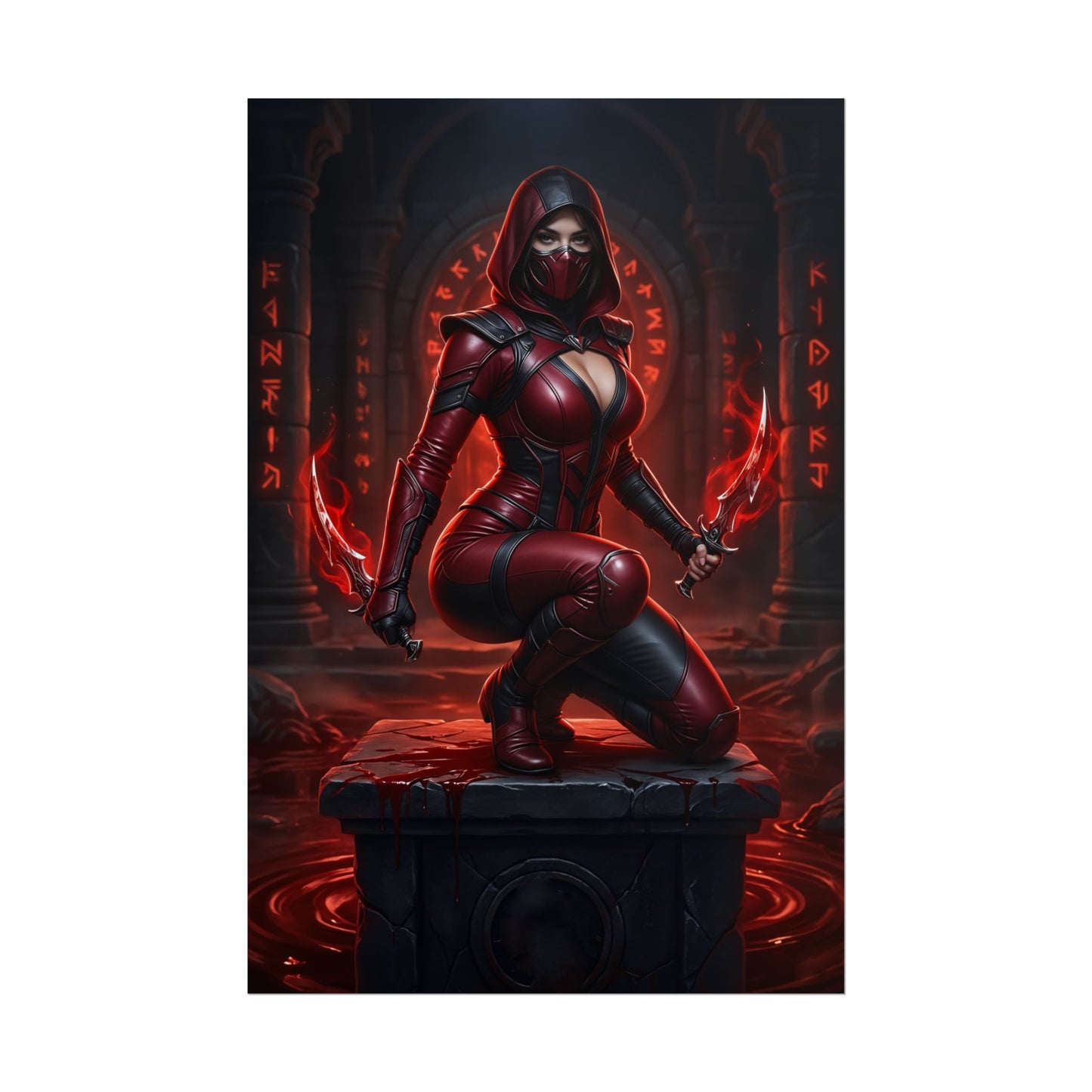 Skarlet Mortal Kombat Poster – Iconic Blood Mage Heroine Wall Art, red-armored warrior with blood blades kneeling on pedestal